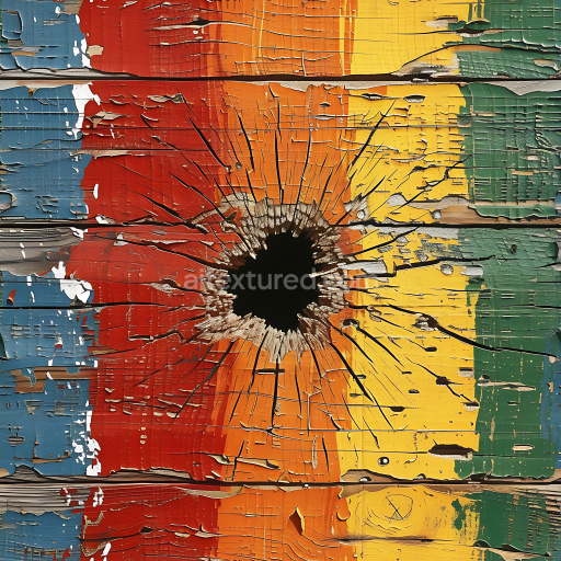 Seamless 3D PBR texture of cracked multicolor painted wood with large central hole