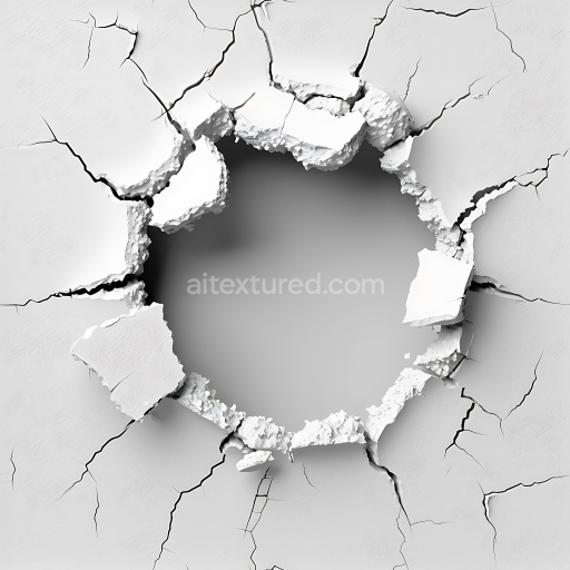 Seamless 3D cracked plaster PBR texture featuring large hole and jagged fractures