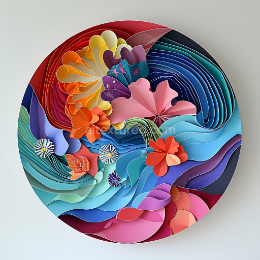 Seamless 3D PBR texture of colorful layered paper flower swirl pattern