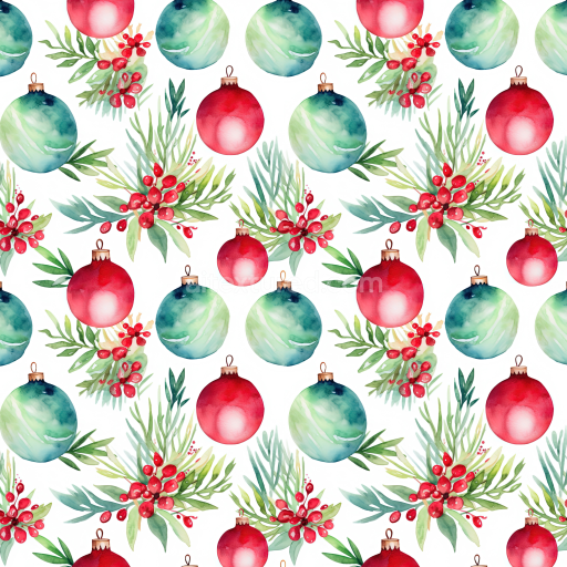 Seamless 3D PBR Texture of Christmas Watercolor Ornaments and Greenery