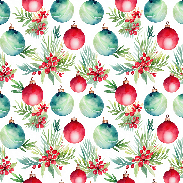 Christmas Watercolor Ornaments and Greenery seamless PBR texture preview