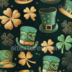 seamless Seamless 3D PBR St Patrick texture with gold embossed shamrocks and green leprechaun hats texture 8k free download PBR