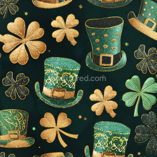 Preview — Seamless 3D PBR St Patrick texture with gold embossed shamrocks and green leprechaun hats