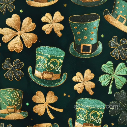 St Patrick Texture With Gold Embossed Shamrocks And Green Leprechaun Hats seamless St patrick digital paper bundle PBR texture