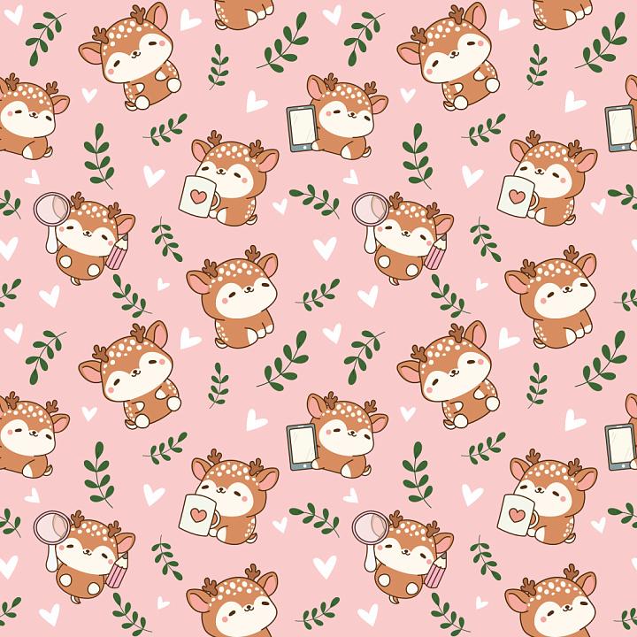 Pattern with Cute Cartoon Deer & Hearts on Pink seamless PBR texture preview