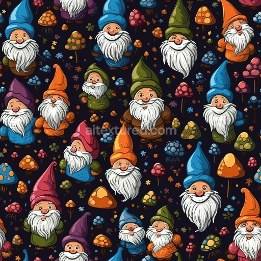 Preview — Seamless 3D PBR Texture Featuring Colorful Cartoon Gnomes and Mushrooms
