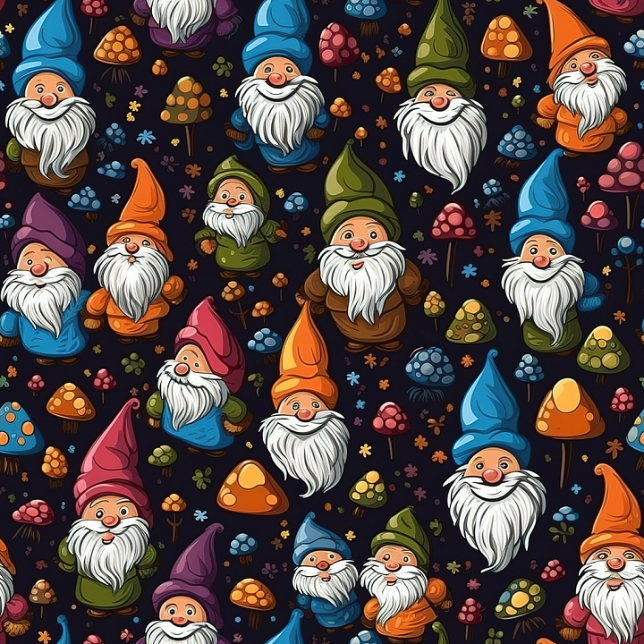 Featuring Colorful Cartoon Gnomes and Mushrooms seamless PBR texture preview