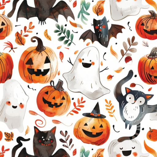 Seamless 3D PBR Watercolor Halloween Texture with Pumpkins, Ghosts, and Bats