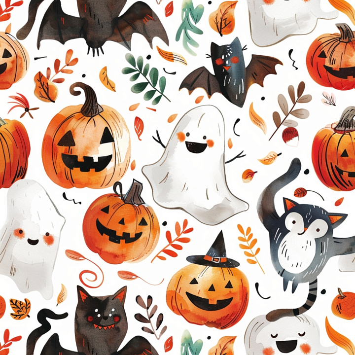 Watercolor Halloween with Pumpkins, Ghosts, and Bats seamless PBR texture preview