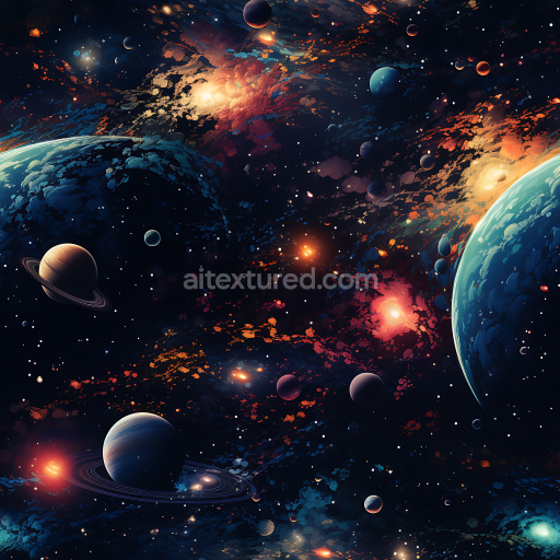 Preview — Seamless 3D Space PBR Texture Featuring Multi-Planet Galaxy Clouds with Vibrant Cosmic Highlights