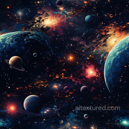 Space PBR Texture Featuring Multi-Planet Galaxy Clouds with Vibrant Cosmic Highlights seamless Star, space, planets PBR texture