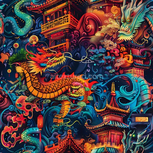 Seamless 3D PBR Graffiti Texture Featuring Vibrant Asian Dragons and Temple Motifs