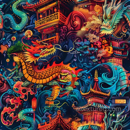 Seamless 3D PBR Graffiti Texture Featuring Vibrant Asian Dragons and Temple Motifs texture preview