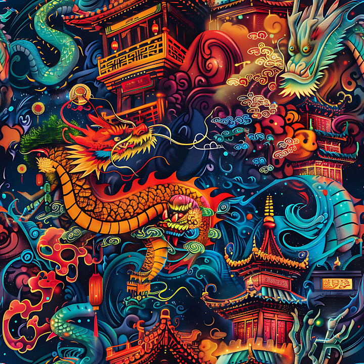 Graffiti Featuring Vibrant Asian Dragons and Temple Motifs seamless PBR texture preview