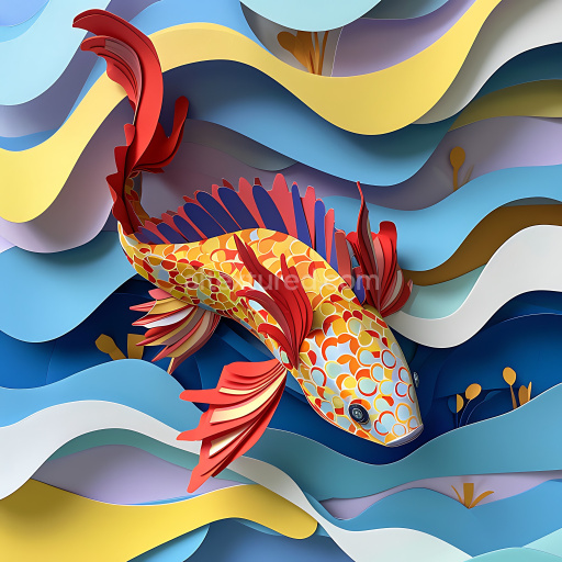Seamless 3D PBR Texture Featuring Origami-Style Axolotl Scales with Vibrant Reds and Yellows