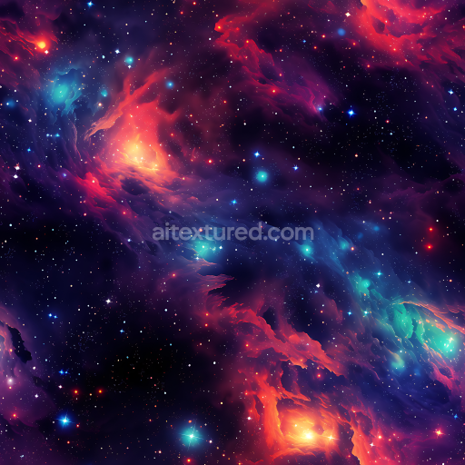 Seamless 3D Space PBR Texture Featuring Vibrant Cosmic Nebula and Starfield