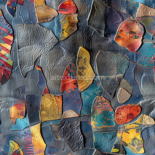 Seamless 3D Artistic Patchwork Leather PBR Texture with Multicolor Panels and Detailed Grain