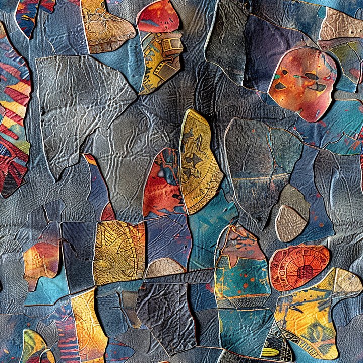 Artistic Patchwork Leather with Multicolor Panels and Detailed Grain seamless PBR texture preview