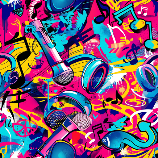 Seamless 3D PBR Graffiti Texture Featuring Bright Music Symbols and Microphones