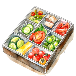 seamless Watercolor Bento Box Breakfast Illustration with Fresh Vegetables and Fruits texture 8k free download PBR