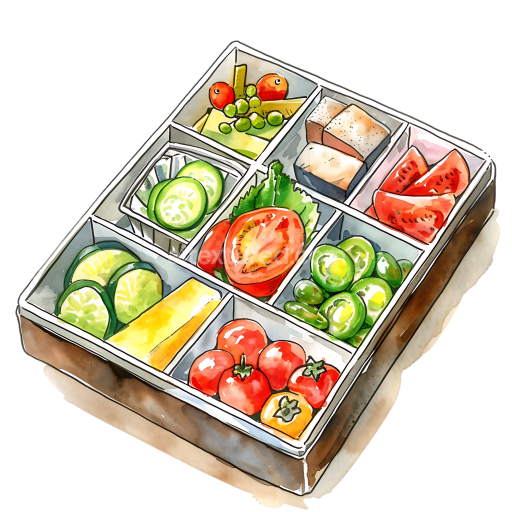 Watercolor Bento Box Breakfast Illustration with Fresh Vegetables and Fruits