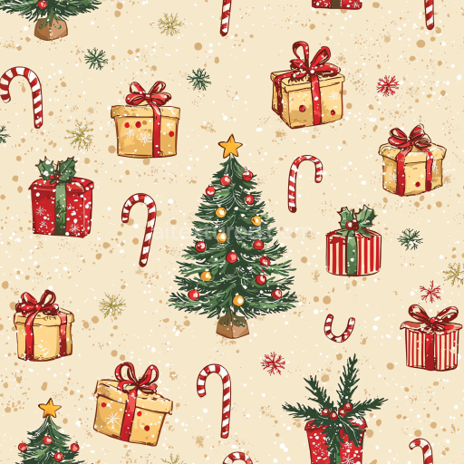 Seamless 3D PBR Christmas Digital Paper Texture Featuring Festive Trees, Candy Canes, and Wrapped Gifts