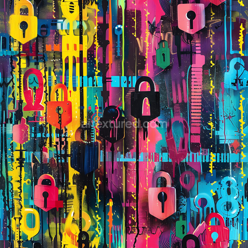 Seamless 3D PBR Graffiti Texture Featuring Colorful Padlock Stencils & Drips
