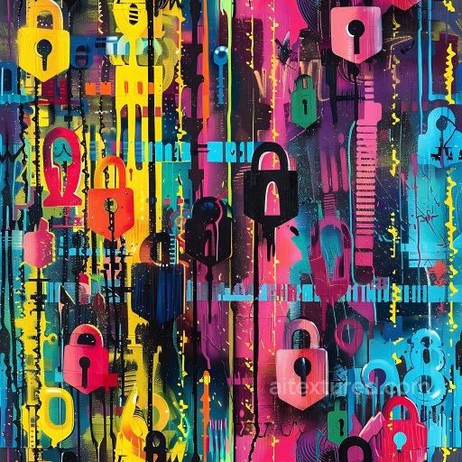Seamless 3D PBR Graffiti Texture Featuring Colorful Padlock Stencils & Drips texture preview