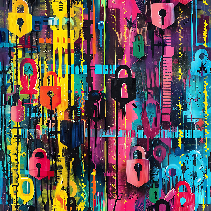 Graffiti Featuring Colorful Padlock Stencils & Drips seamless PBR texture preview