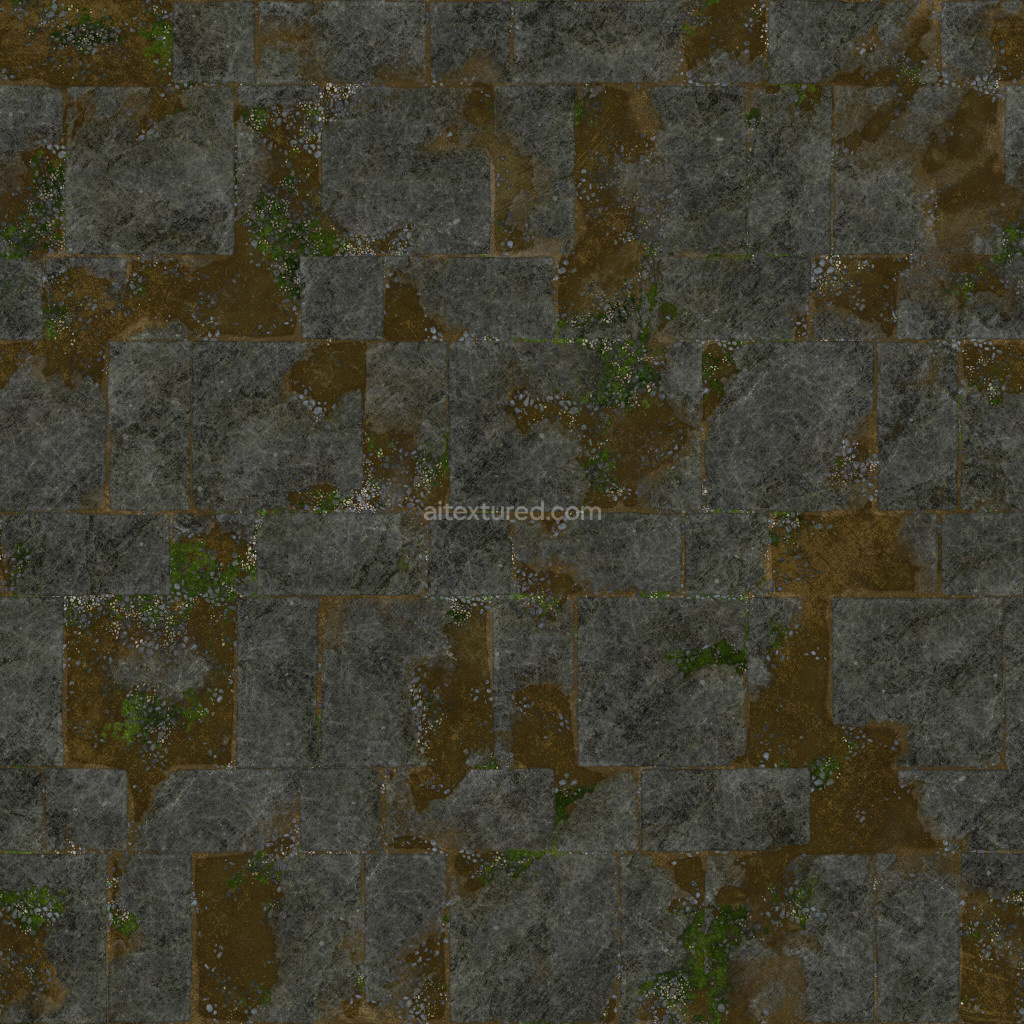 Seamless PBR tile texture showcasing dark stone with moss