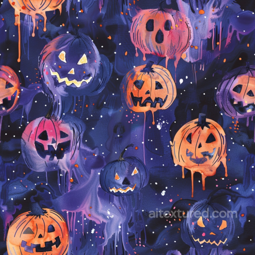 Watercolor Halloween Fabric Texture with Jack-o-Lantern Pumpkins seamless Watercolor Halloween PBR texture