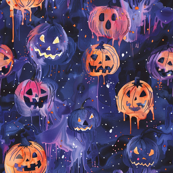 Watercolor Halloween Fabric with Jack-o-Lantern Pumpkins seamless PBR texture preview