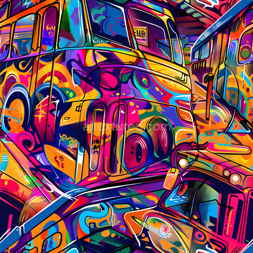 Seamless 3D PBR Texture Featuring Colorful Urban Graffiti on Vehicles