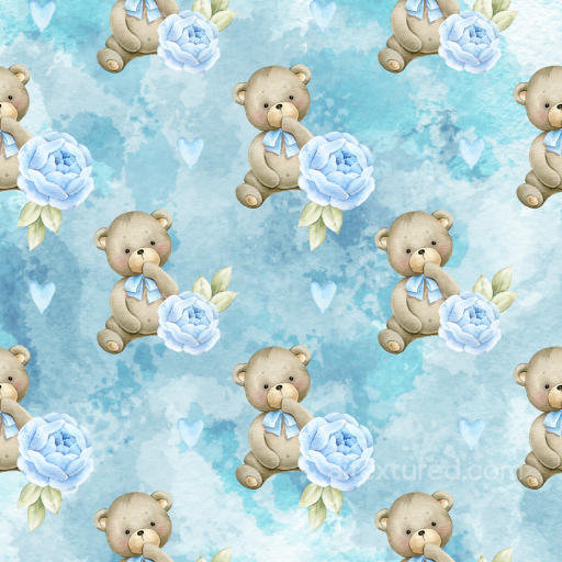 Baby Boy Texture of Cute Teddy Bears with Blue Flowers on Watercolor Blue Background seamless Baby Boy  PBR texture