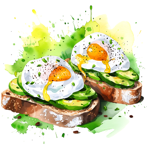 Watercolor Avocado Toast with Poached Eggs Breakfast Illustration