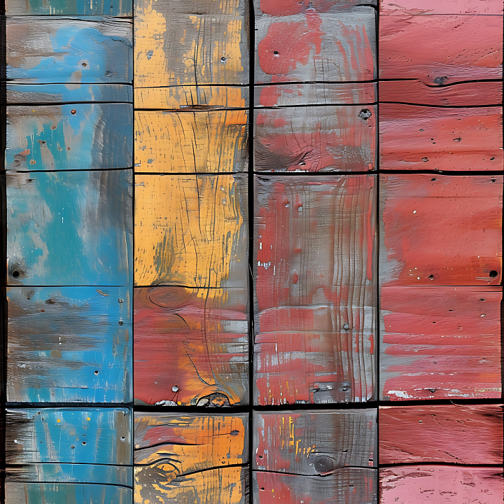Painted Weathered Wood Boards with Colorful Distress seamless PBR texture preview