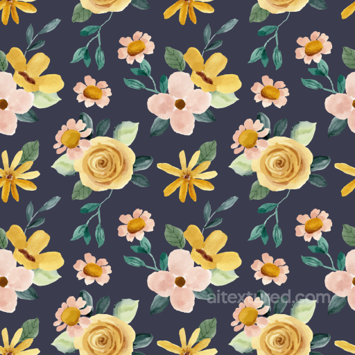 Floral Texture of Soft Yellow and Pink Watercolor Flowers on Dark Background seamless Floral  PBR texture