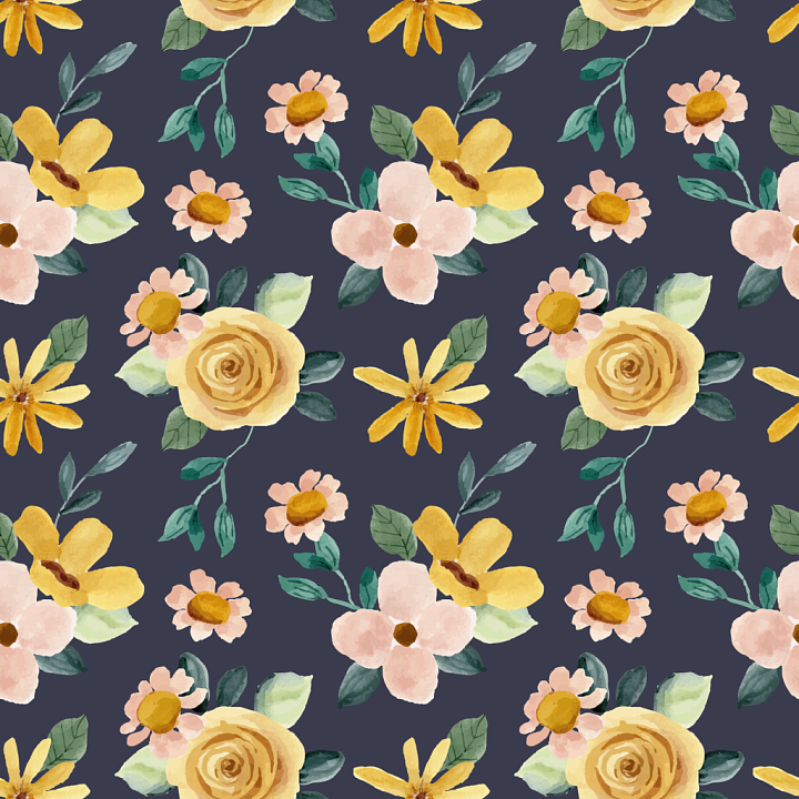 Floral of Soft Yellow and Pink Watercolor Flowers on Dark Background seamless PBR texture preview