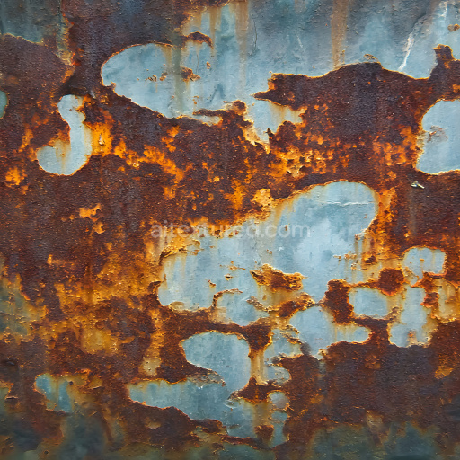 Seamless 3D Rusted Metal PBR Texture Featuring Blue Paint and Jagged Rust Holes