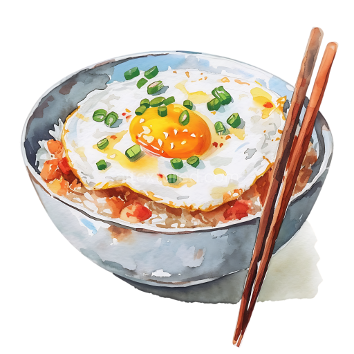 Watercolor Illustration of Fried Egg on Asian-Style Rice Breakfast