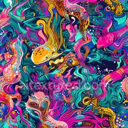 seamless Seamless 3D PBR texture of vibrant underwater graffiti with colorful fish and abstract swirls texture 8k free download PBR