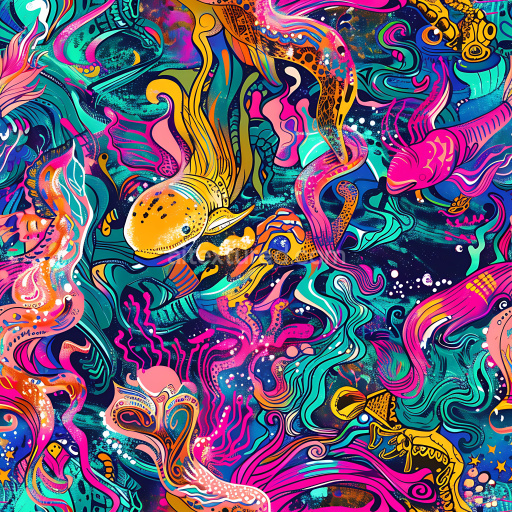 Seamless 3D PBR texture of vibrant underwater graffiti with colorful fish and abstract swirls