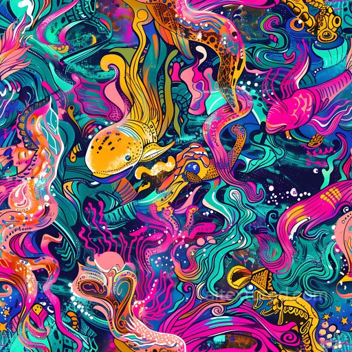 Seamless 3D PBR texture of vibrant underwater graffiti with colorful fish and abstract sw… texture preview