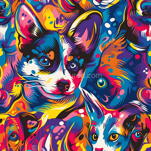 Preview — Seamless 3D PBR Graffiti Texture Featuring Colorful Stylized Dog and Cat Faces