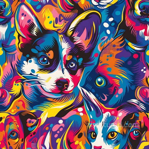 Seamless 3D PBR Graffiti Texture Featuring Colorful Stylized Dog and Cat Faces texture preview