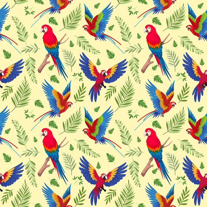 Pattern with Vibrant Tropical Parrots and Green Foliage seamless PBR texture preview