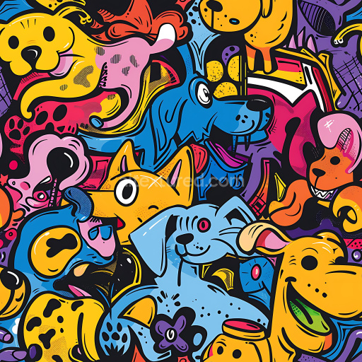 Preview — Seamless 3D PBR Texture Featuring Colorful Cartoon Graffiti Dogs