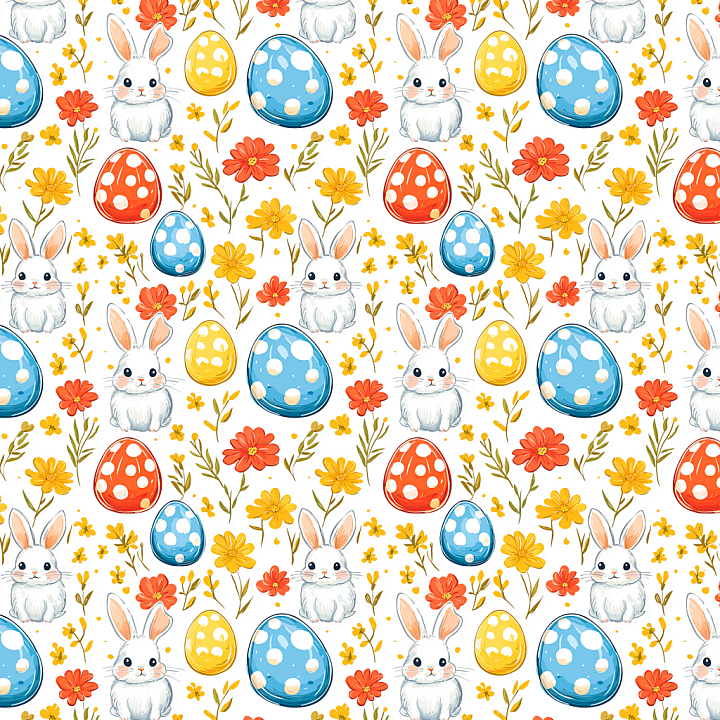 with Colorful Easter Eggs, Bunny, and Floral Pattern seamless PBR texture preview
