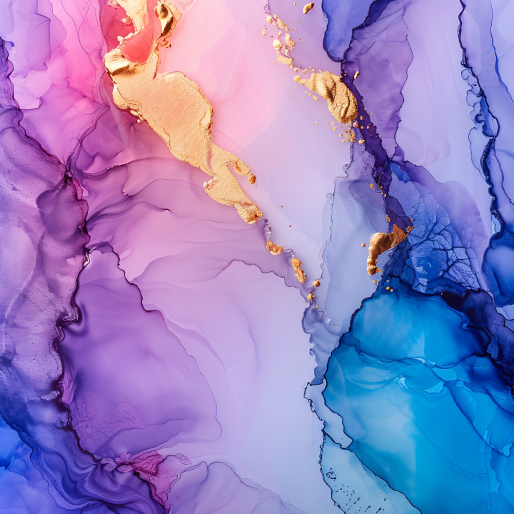 Alcohol Ink with Flowing Purple, Blue, and Gold Fluid Waves seamless PBR texture preview