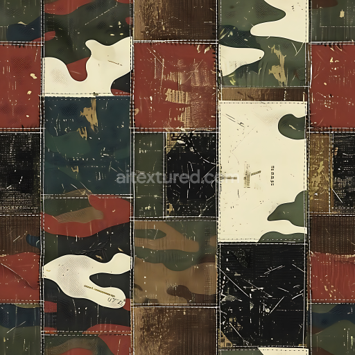Seamless 3D Patchwork Woodland Camouflage PBR Texture with Distressed Fabric and Military Colors